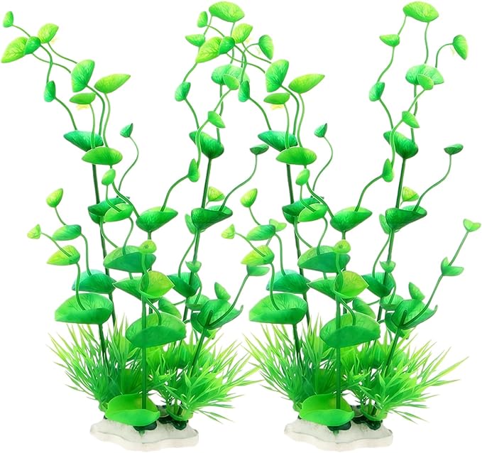 2 Pack 9.5 Inch Seaweed Artificial Aquarium Plants, Green, Plastic, with Ceramic Base, for Aquarium, Indoor