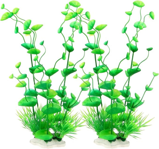 2 Pack 9.5 Inch Seaweed Artificial Aquarium Plants, Green, Plastic, with Ceramic Base, for Aquarium, Indoor