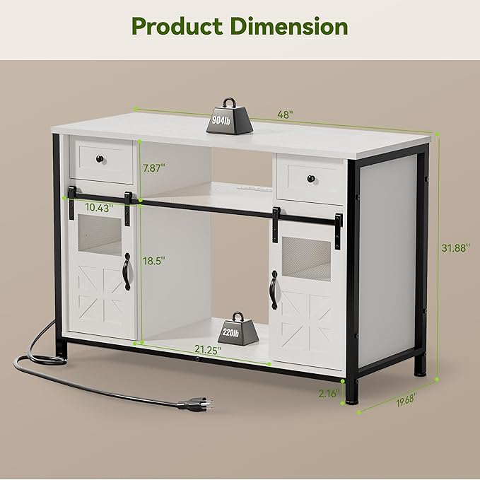 Petrova 55-75 Gallon Fish Tank Stand with Power Outlet, Metal Double Aquarium Stand with Storage Cabinet and Sliding Barn Door, Heavy Duty Reptile Tank Stand, 48" L* 20"W Tabletop, 900LBS Capacity, White