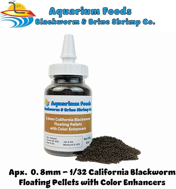 0.8mm Micro California Blackworm Floating Pellets w/Color Enhancers & Vitamins for Guppies, Tetras, Bettas, Nano Fish, All Baby Fish…2oz Squeeze Bottle