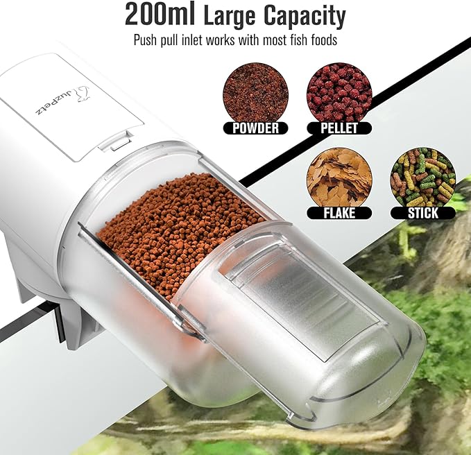 JuzPetz Automatic Fish Feeder Dispenser for Aquarium, 200ml Large Capacity Auto Turtle Fish Feeder for Small Tank, Battery Powered Food Feeding Timer for Flakes Pellet Vacation, Batteries Included