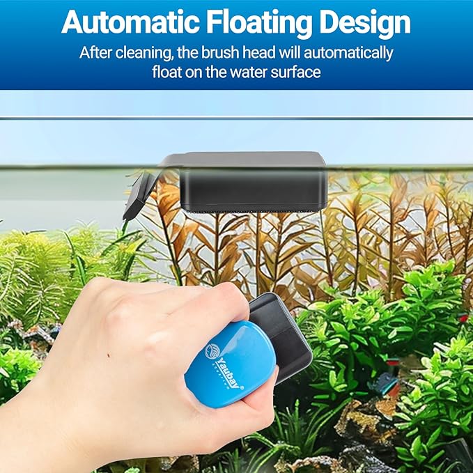 Yaubay Aquarium Magnet Glass Cleaner, Magnetic Fish Tank Cleaner with Algae Scraper, Double Sided Cleaning Scrubber Brush with Handle, Titanium Blade, Self-Floating, Fit Max 1/4" Thick Glass, Medium