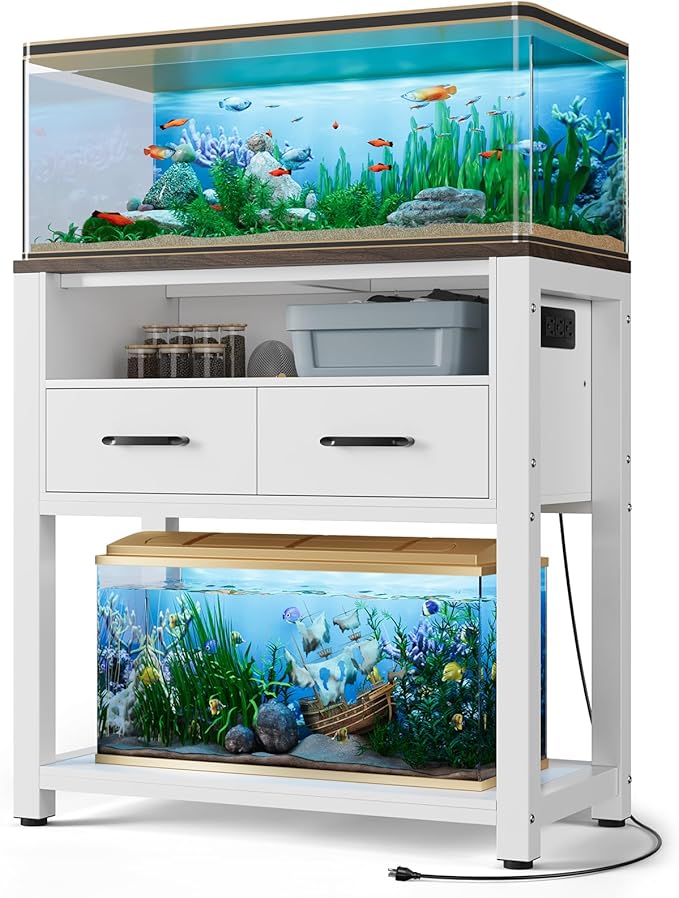 EOSVALO 20-29 Gallon Aquarium Stand with Stable Metal Frame & Power Outlet, Heavy-Duty Fish Tank Stand with Waterproof Mat, 550LBS Capacity Storage Cabinet, White+Brown