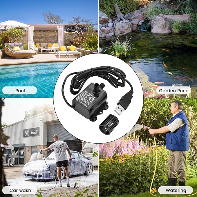 80GPH 5W USB Mini Water Pump With 2M(6.6ft) Clear Tube,300L/H durable fountain water pump for Pond Fountain, Aquariums Fish Tank, Statuary, Hydroponic 2-Pcs