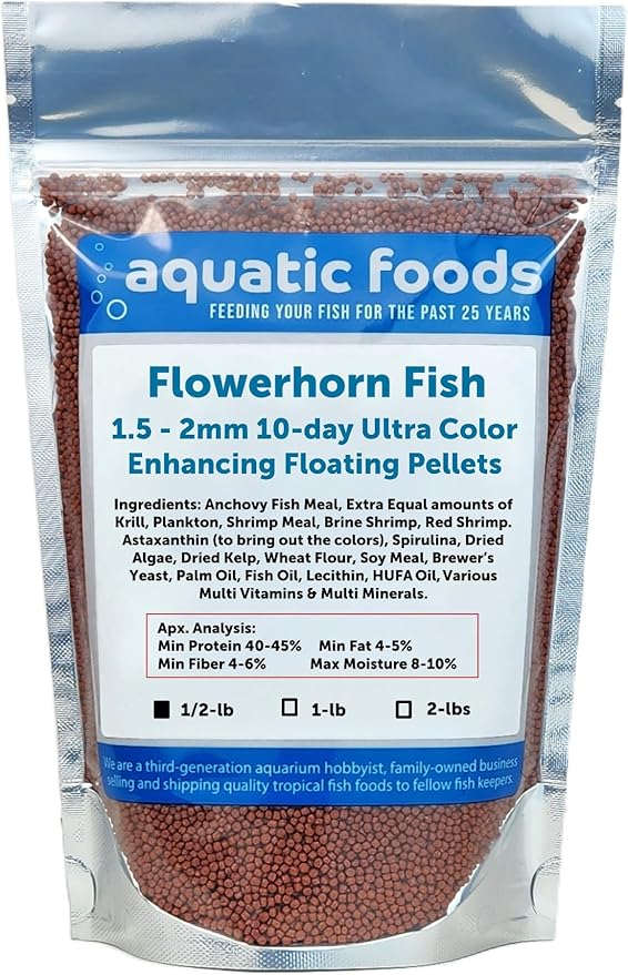 Flowerhorn Fish Ultra Red Color Enhancing 1.5mm-2mm Floating Pellets. Color Enhancing in 10-Days for Baby, Juvenile and Adult Flowerhorn…1/2-lb Bag