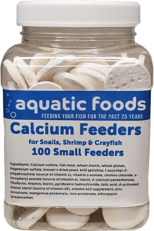 Calcium Enriched Sinking Food Disks and Holiday Feeding Food for Shrimp, Snails, Crabs, Crayfish, Hermit Crabs, Plecos, Catfish, All Tropical Fish. 100 Small Discs Jar