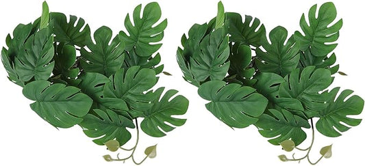 2PCS Artificial Water Plant,Simulation Vine,Lifelike Plastic Leaves Decoration with Suction Cup,Plastic Plant Aquatic Water Grass Decor for Fish Tank (Monstera Deliciosa Leaf)