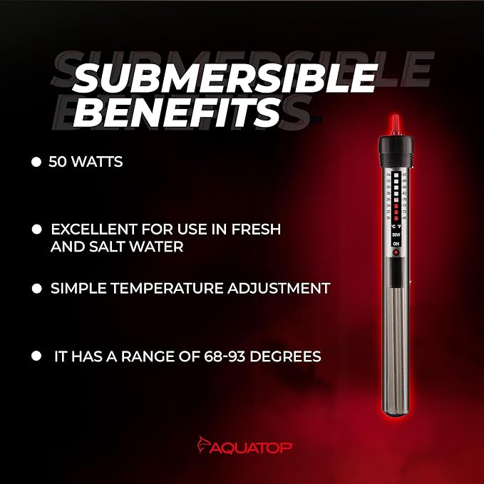 Aquatop 50W Aquarium Submersible Glass Heater – Adjustable Temperature 68-93°F – Fish Tanks Up to 13 Gal – for Freshwater & Saltwater Use – GH-50