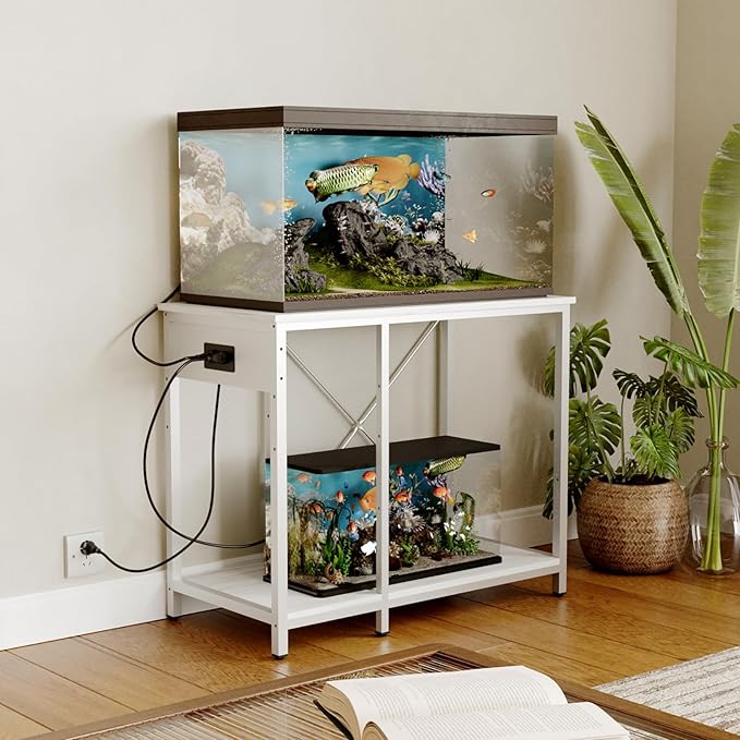 BEURUKU 40-50 Gallon Fish Tank Stand With Power Outlet & LED Light, Metal Aquarium Stand, 3 Tier Adjustable Storage Shelves for Reptile, Turtle, 36" L*18.5" W, White
