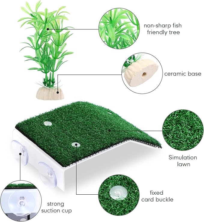 2 Pcs Turtle Basking Platform Ramp Medium Tortoise Terrace Resting Ladder Simulation Lawn and 6 Pcs Artificial Plastic Aquarium Plants Turtle Tank Accessories Decorations for Small Reptile Turtle