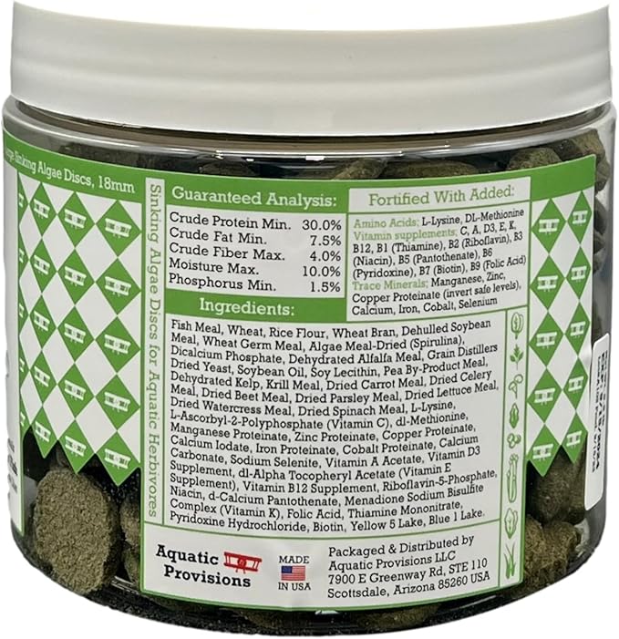 Aquatic Provisions Algae Discs 8 oz, Sinking 18mm Wafers, Fish Food for Freshwater Herbivores