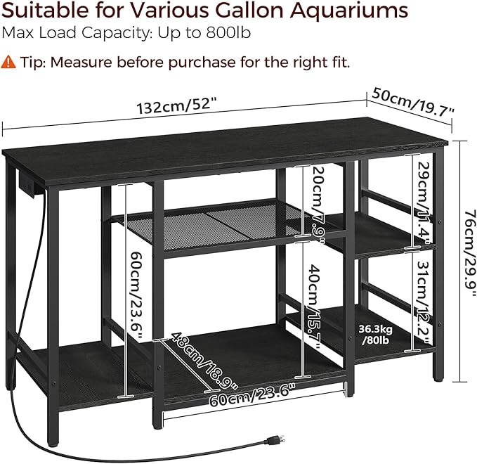 MAHANCRIS 55-75 Gallon Fish Tank Stand with Power Outlet, 3-Tier Metal Frame Aquarium Stand, Heavy Duty Reptile Terrarium Tank Stand, 52.0" L x 19.7" W x 29.9" H, 800 LBS Capacity, Black FTBK55E01