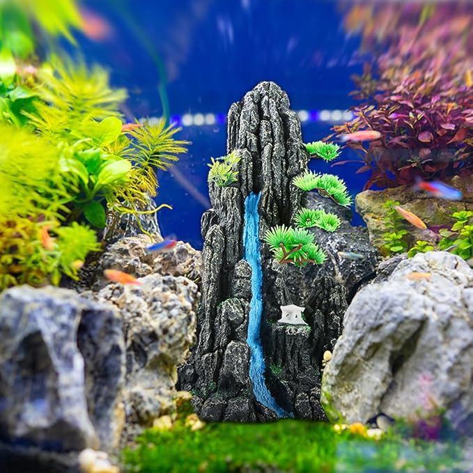 Large and Tall Fish Tank Decorations Aquarium L9.84x W6.14x H12.99inch, Resin Mountain View Aquarium Decor, Rock Thematic Ornaments with Tree & House for Betta Cichlid Goldfish Shrimp Playing Hiding