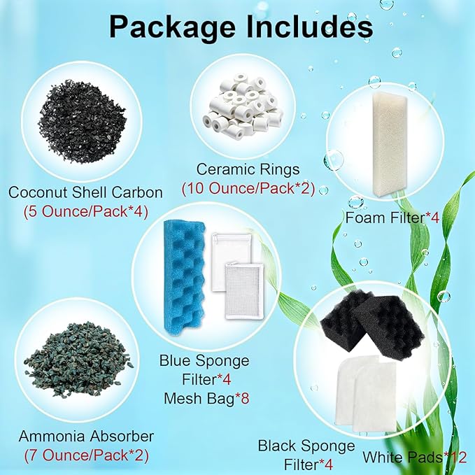 44-Piece Aquarium Maintenance Media Kits Replacement for Fluval 306/307 Performance Canister Filter - Includes Carbon, Ammonia-Absorbing Pad, Sponges（2 Sets）