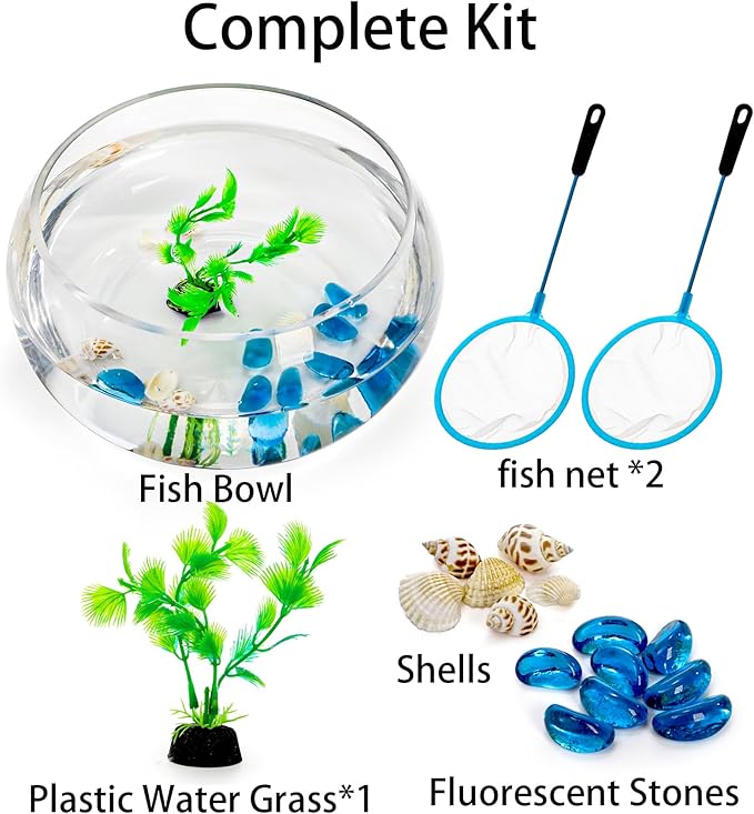 Jucoan 0.9 Gallon Glass Fish Bowl with Decor, Clear Round Shallow Glass Bowl for Betta Fish and Aquatic Plants, Includes Aquarium Decor Stones, Tree and Fish Nets for Holiday Wedding Centerpiece