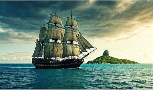 Black Pearl Pirate Ship Aquarium Background Steampunk Artistic Sailboat Caribbean Sea Fish Tank Background Tropical Island Menacing Clouds Seascape Terrarium Backgrounds for Tank Decors 24x12in