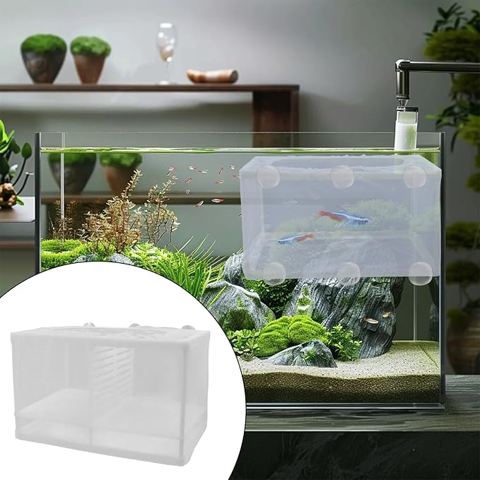 MY MIRONEY 2PCS 10.24" x 5.91" x 5.91" Fish Tank Breeder White Nylon Fish Incubator Mesh Box Aquarium Fish Fry Hatchery Breeder with Suction Cups (with Divider)