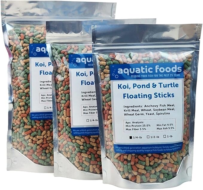 Koi, Pond & Turtle 7/16" x 5/32" 25% Protein Floating Sticks. Spirulina, Color Enhancing & Wheat Germ Sticks for Koi, All Pond Fish, Aquatic Turtles...WL…1/2-lb Foil Pouch Bag