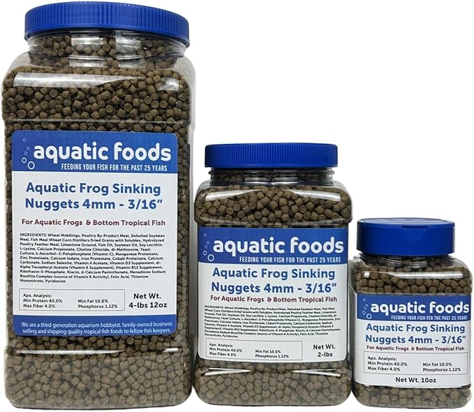 Aquatic Frog 4mm Sinking 40% Protein Nuggets. Ideal for All Frogs and Bottom Tropical Fish…4-lbs 12oz Jar