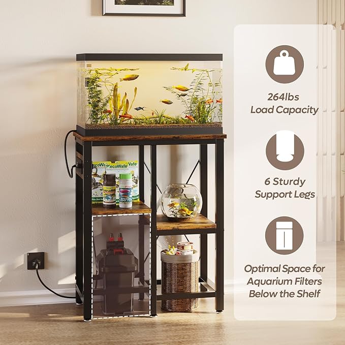 Bestier 10 Gallon Fish Tank Stand with Power Outlet, 20.3x10.6 Metal Aquarium Stand with Filter Storage, 6-Leg Reptile Tank Stand with 3-Tier Adjustable Storage Shelves, 264LBS Capacity，Rustic Brown