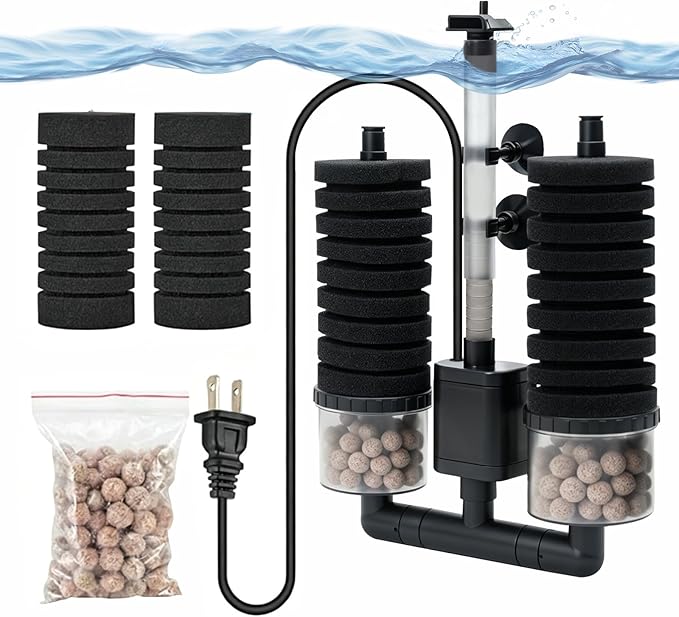 Aquarium Sponge Filter 15-55 Gallon Fish Tank Filter, Electric Power Double Sponge Filter, Quiet Small Low Flow Foam Filter For Fish Tank Betta Shrimp, Intake Dual Sponge Filter Kit w/ Bio Balls &Pump