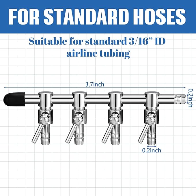 3 Pack 4-Way Aquarium Stainless Steel Air Flow Control Lever Valve with Airline Tubing Connector for Air Pumps Fish Tank Multi-Port Distributor Splitter