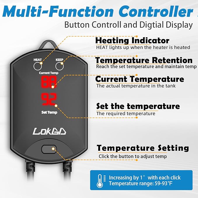 Upgraded 200W Intelligent Aquarium Heater,59°F-93°F Submersible Fish Tank Heater with Intelligent Digital Display Controller and Auto Power Off for 10-55 Gallon Freshwater Saltwater Fish Tanks
