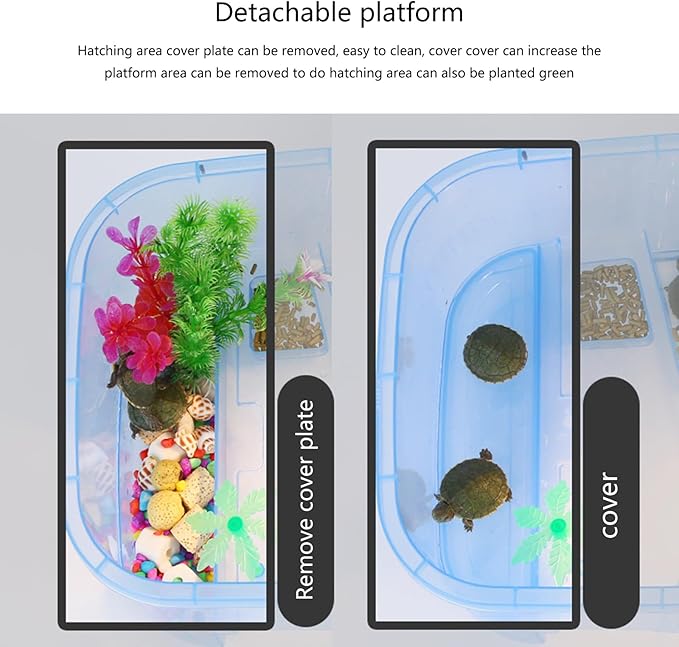 Turtle Aquarium Tank with Platform Habitat for Terrapins - Transparent, Multi-Function Areas, Bottom Drainage-Plug - Blue, Purple, or Orange