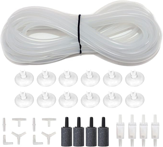 ALEGI 25 Feet 3/16 Inch Standard Aquarium Silicone Airline Tubing with Air Stones, Check Valves, Suction Cups and Connectors for Fish Tank, Hydroponics (Semi-Transparent)