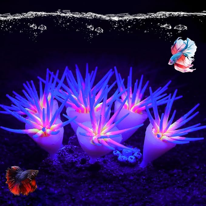 Silicone Glowing Effect Aquarium Fish Tank Decorations, Artificial Soft Anemone Coral Plants Ornaments for Aquarium Decor Landscape, Glow in Dark Fish Tank Accessories Decorations(Blue)