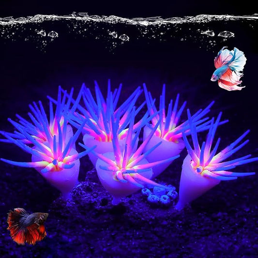 Silicone Glowing Effect Aquarium Fish Tank Decorations, Artificial Soft Anemone Coral Plants Ornaments for Aquarium Decor Landscape, Glow in Dark Fish Tank Accessories Decorations(Blue)
