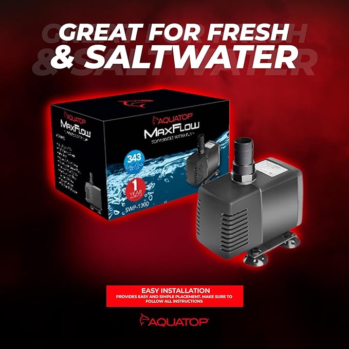Aquatop MaxFlow Submersible Pump 343 GPH – Adjustable Flow for Aquariums, Sumps, Statuary – Efficient Water Circulation, SWP-1300 – Easy to Install