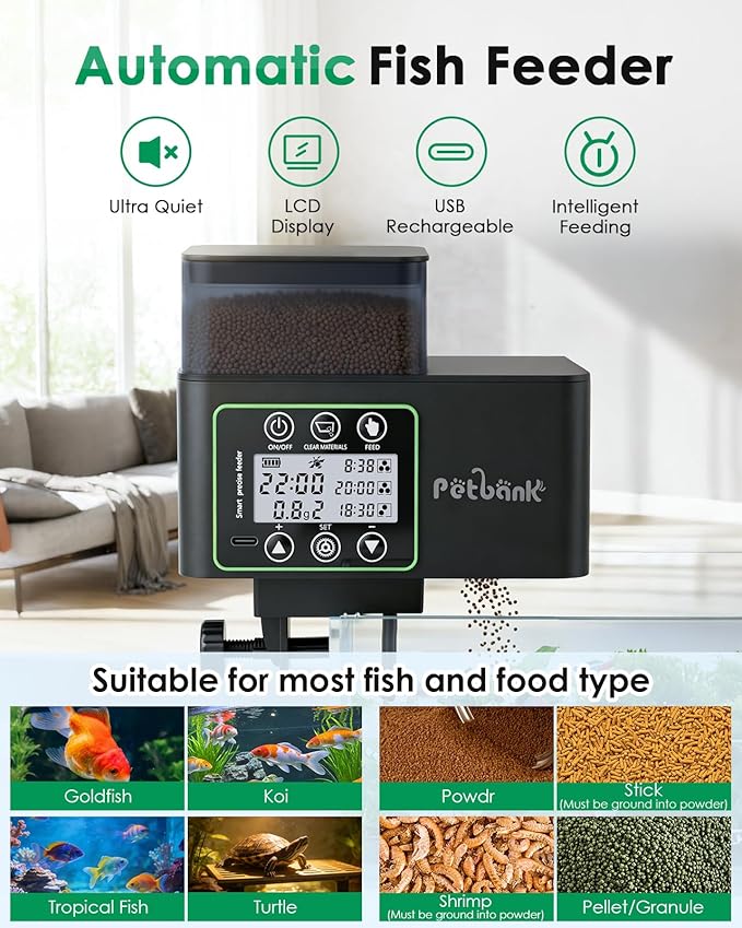 Automatic Fish Feeder for Aquarium - 230/510ml Timer Fish Feeder Dispenser with 0.1-2g Precision Feeding, Moisture-Proof Auto Fish Feeder with Feed Cleaning & Shortage Alert, USB Rechargeable