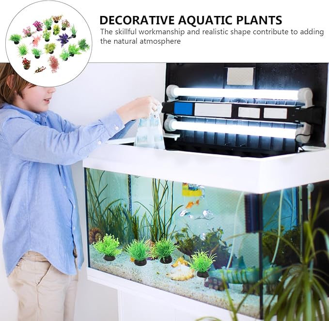 Ipetboom 40Pcs Fish Tank Decorations Set Mini Artificial Aquarium Plants Colorful Plastic Water Grass Accessories for Betta Goldfish Turtle Tank