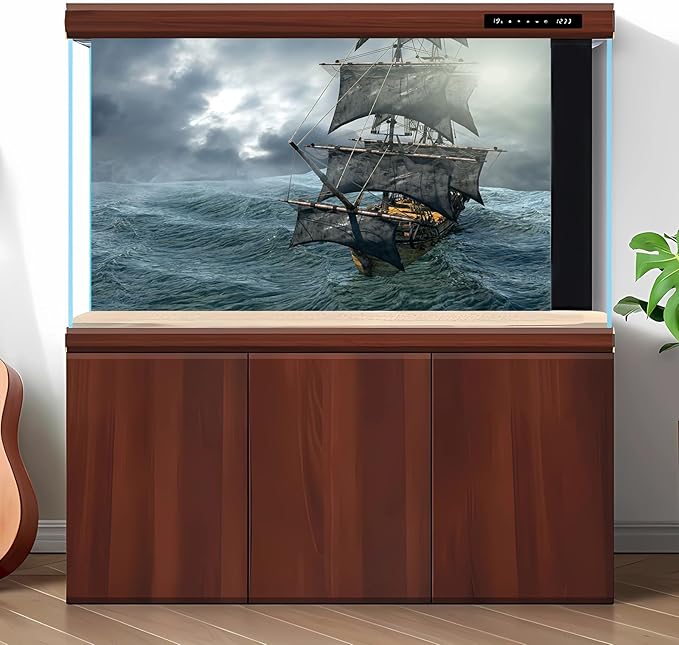 Pirate Ship Aquarium Background Stormy Blue Deep Sea Ocean Seascape Fish Tank Background Splendid Sunset Vintage Sailing Old Ship Rough Seas Terrarium Backgrounds for Home Tank Decors 24x12in