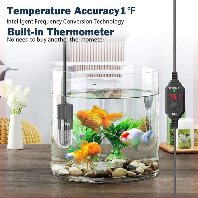 YOFOTHS Adjustable Mini Aquarium Heater 0.5/1/2/3 Gallon Submersible Small Fish Tank Heater 10W/20W/30W Digital Display Thermostat External Temperature Controller(30W)