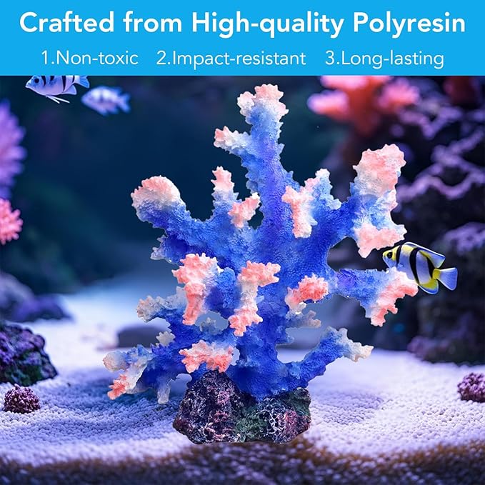 Premium Coral Reef Ornament - Lifelike Artificial Coral Decor for Saltwater & Freshwater Aquariums | Hand-Painted Blue, Aquarium-Safe Polyresin (5.7"×5.1"×6.3")