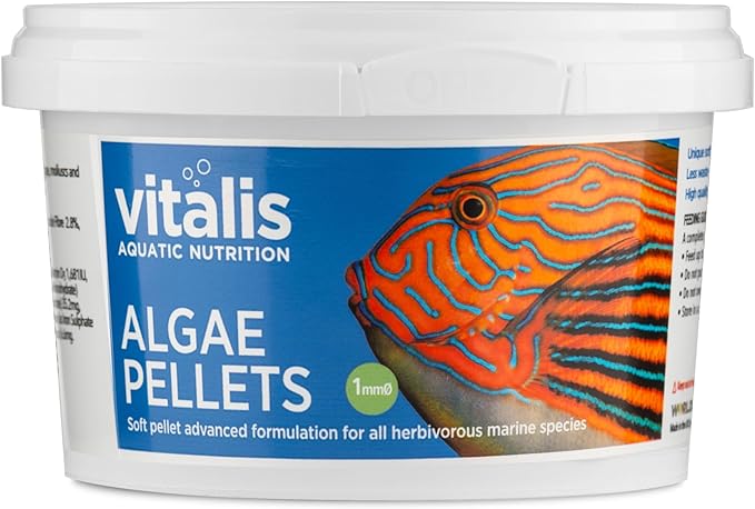 Vitalis Marine Algae Pellets 1mm 140g (4.94 oz) Premium Soft Sinking Pellet Fish Food for Marine Saltwater Aquariums