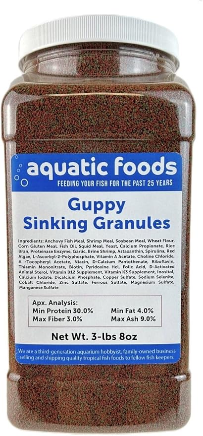 Guppy Micro Sinking Granules, Color Enhancing and Spirulina Mix for Guppies, Tetras, All Live Bearers, Baby Cichlids...WL 3-lbs 8oz Lg Jar