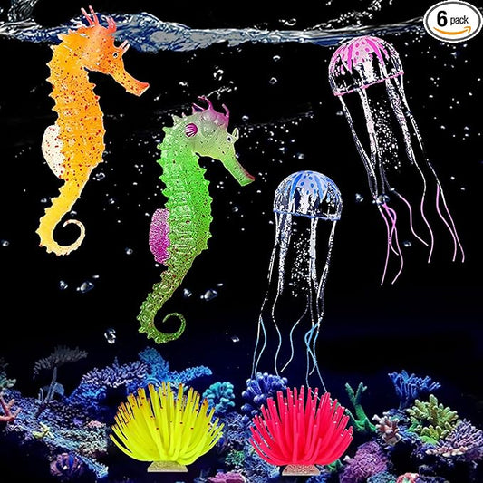 Glowing Aquarium Ornaments Silicone Fish Tank Decor Artificial Sea Anemones Decorations Including Coral Jellyfish Sea Horse, Christmas Tree Sillicon Ornament Decoration for Aquarium Fish Tank
