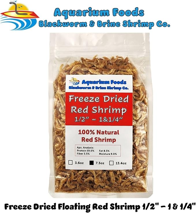 Red Shrimp, 1/2" to 1&1/4" Floating Freeze Dried Red Shrimp for All Tropical Fish, Cichlids, Catfish, Marines, Pond Fish, Turtles, Hamsters, Reptiles…7.3oz Clear Bag