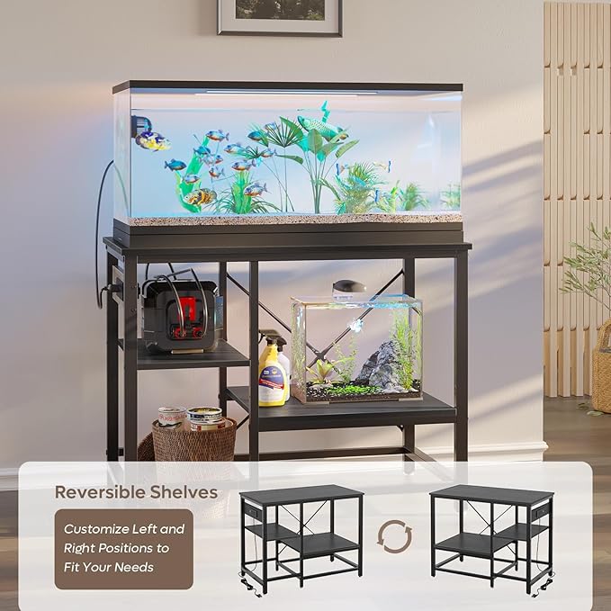 Bestier 40-50 Gallon Fish Tank Stand with Power Outlet, 36x19 Metal Aquarium Stand with Filter Storage, 6-Leg Reptile Tank Stand with 3-Tier Adjustable Storage Shelves, 660LBS Capacity, Black Oak