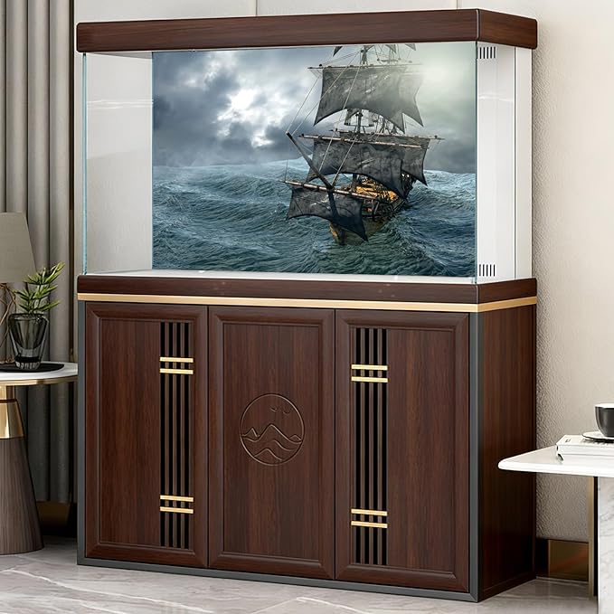 Pirate Ship Aquarium Background Stormy Blue Deep Sea Ocean Seascape Fish Tank Background Splendid Sunset Vintage Sailing Old Ship Rough Seas Terrarium Backgrounds for Home Tank Decors 48x18in
