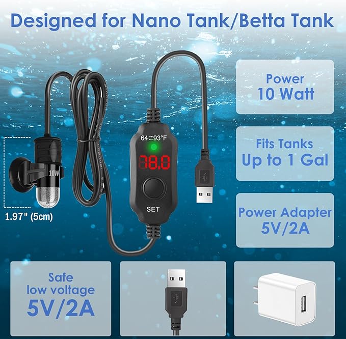 10W Mini Aquarium Heater for up to 1 Gallon Tanks | Super Small 5V/2A USB Fish Tank Heater with Digital Thermostat, Dry-Run & Overheat Protection, Memory Function