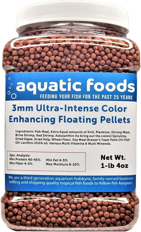 3mm Ultra-Intense Red Color Enhancing Floating Pellets for All Tropical Fish, Discus, Red Flower Horn, Red Parrot, All Fish, All Cichlids …1-lb 4oz Med Jar