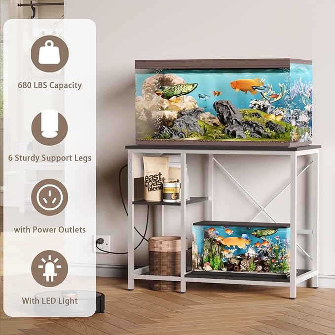 BEURUKU 40-50 Gallon Fish Tank Stand With Power Outlet & LED Light, Metal Aquarium Stand, 3 Tier Adjustable Storage Shelves for Reptile, Turtle, 36" L*18.5" W, White