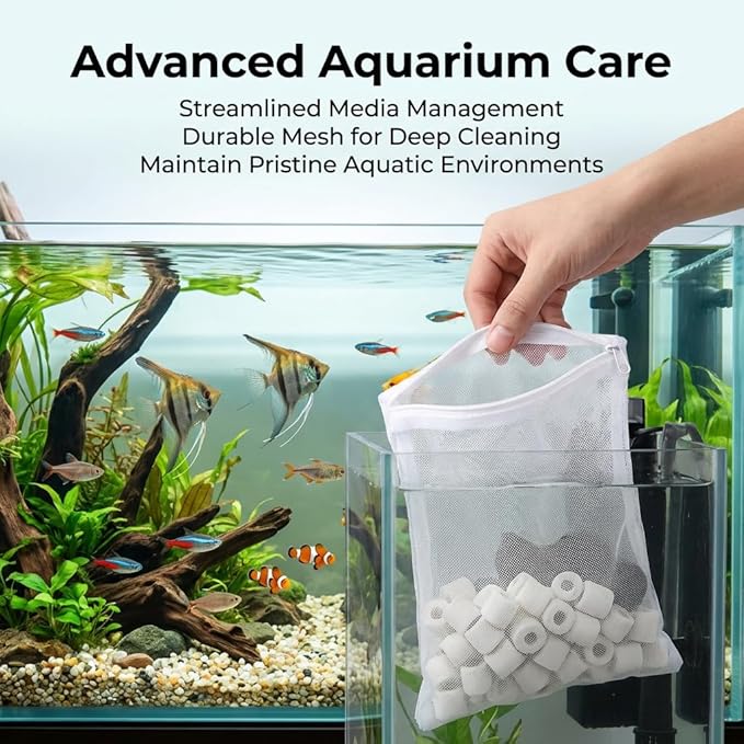10PCS Aquarium Filter Media Bags with Drawstring Zipper, Reusable Fine Mesh Bags for Activated Carbon, Bio Balls, Ceramic Rings, Substrate, Fish Tank Filter Accessories