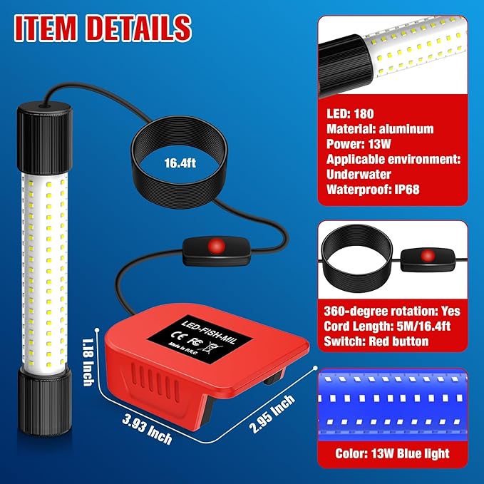 Underwater Fishing Blue Light Compatible with Milwaukee M18 Battery,1300 Lumens,LED Light for IP68 Waterproof Submersible Fish Attractor for Night/Ice/Boat Fishing(no Battery)