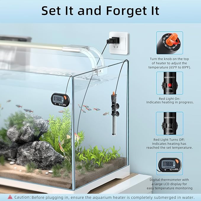 HiTauing Aquarium Heater 25W/50W/100W/200W/300W, Adjustable Knob Fish Tank Heater with Digital Thermometer, Submersible Betta/Turtle Tank Heater for Freshwater and Saltwater Tanks