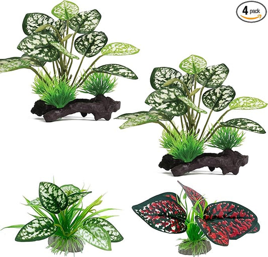 Moonorange Reptile Artificial Plants, Terrarium Plants Decorations Supplies, Aquarium Fish Tank Plant, Amphibian Habitat Hideout Tank Accessories(M Set-4pcs/B)